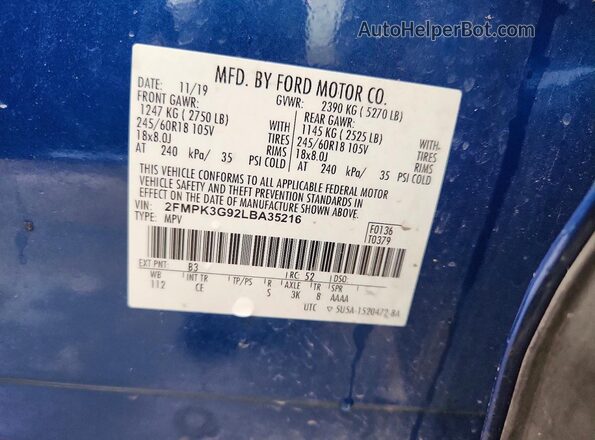 2FMPK3G92LBA35216 2020 FORD EDGE Синий Панорамный вид салона 360°