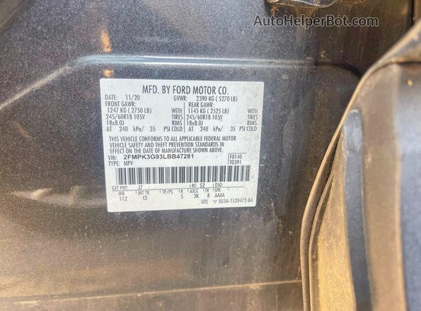2FMPK3G93LBB47281 2020 FORD EDGE Gray Widok tylnych siedzeń