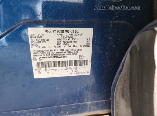 2FMPK3G93MBA26168 2021 FORD EDGE Синий Вид наклейки с VIN-кодом