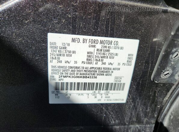 2FMPK3G96KBB43336 2019 FORD EDGE Gray Widok naklejki z numerem VIN