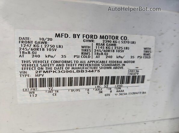 2FMPK3G96LBB34475 2020 FORD EDGE Белый Вид подкапотного пространства