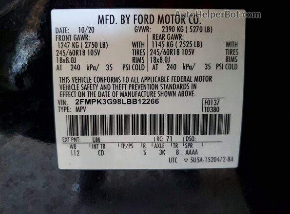 2FMPK3G98LBB12266 2020 FORD EDGE Черный Вид подкапотного пространства