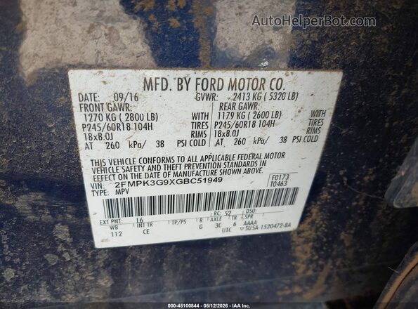 2FMPK3G9XGBC51949 2016 FORD EDGE Dark Blue Вид подкапотного пространства