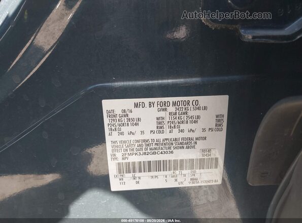 2FMPK3J82GBC43036 2016 FORD EDGE Синий Вид подкапотного пространства