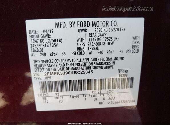 2FMPK3J90KBC25345 2019 FORD EDGE Red Вид підкапотного простору