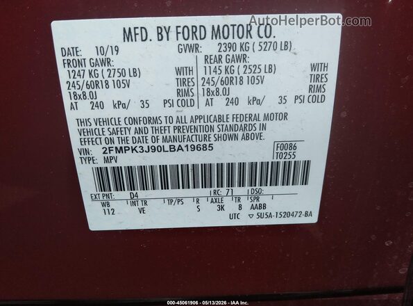 2FMPK3J90LBA19685 2020 FORD EDGE Красный Вид подкапотного пространства