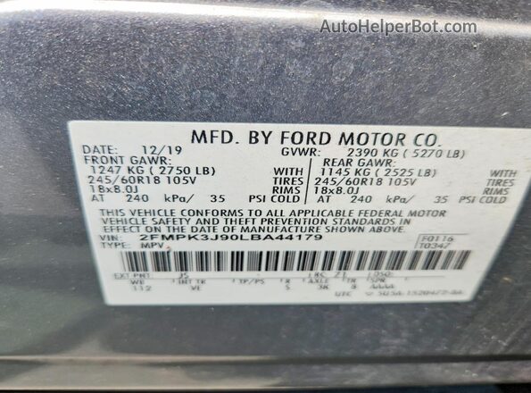 2FMPK3J90LBA44179 2020 FORD EDGE Серый Вид наклейки с VIN-кодом