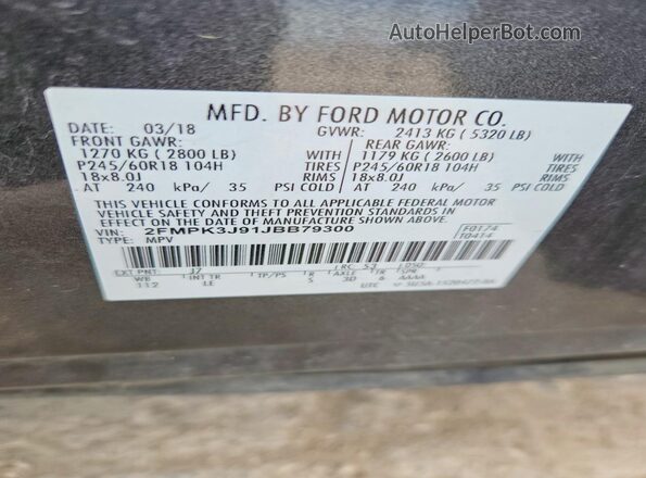 2FMPK3J91JBB79300 2018 FORD EDGE Gray Widok naklejki z numerem VIN