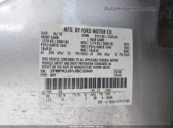 2FMPK3J91JBC32660 2018 FORD EDGE Серебряный Вид подкапотного пространства