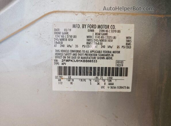 2FMPK3J91KBB88533 2019 FORD EDGE Silver Vista de la etiqueta del VIN