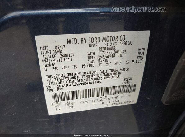 2FMPK3J92HBC01296 2017 FORD EDGE Синий Вид подкапотного пространства