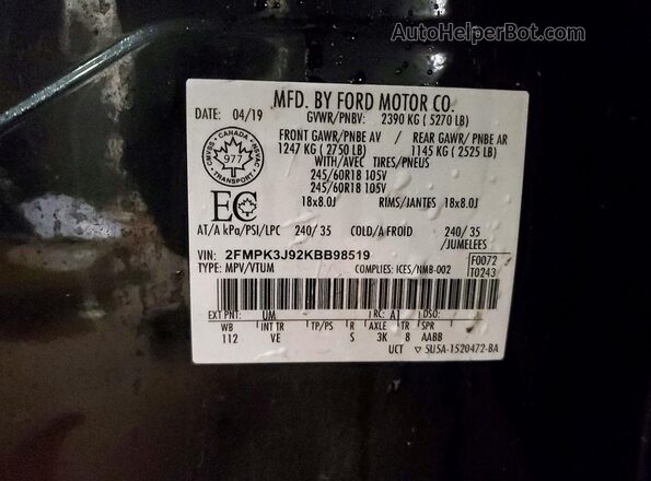 2FMPK3J92KBB98519 2019 FORD EDGE Черный Вид наклейки с VIN-кодом