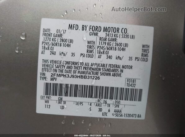2FMPK3J93HBB31226 2017 FORD EDGE Золотой Вид подкапотного пространства