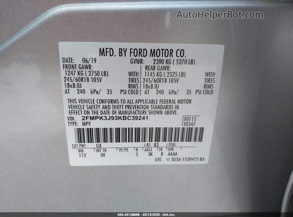 2FMPK3J93KBC39241 2019 FORD EDGE Silver Engine compartment view