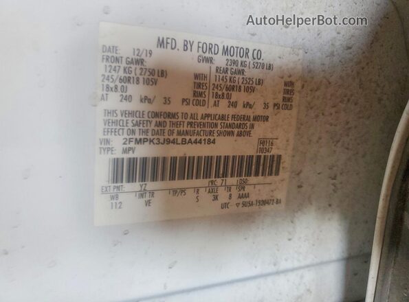 2FMPK3J94LBA44184 2020 FORD EDGE White Engine compartment view