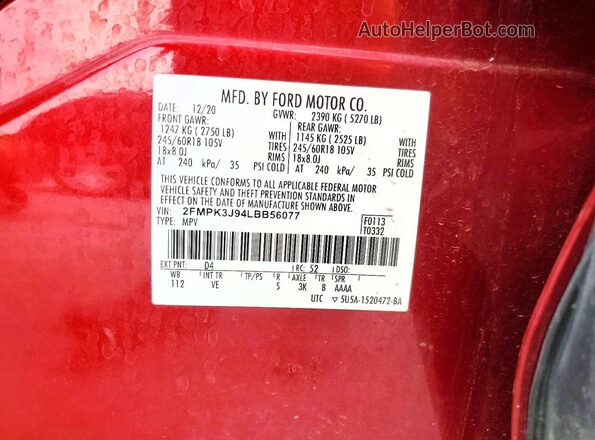 2FMPK3J94LBB56077 2020 FORD EDGE Красный Вид наклейки с VIN-кодом