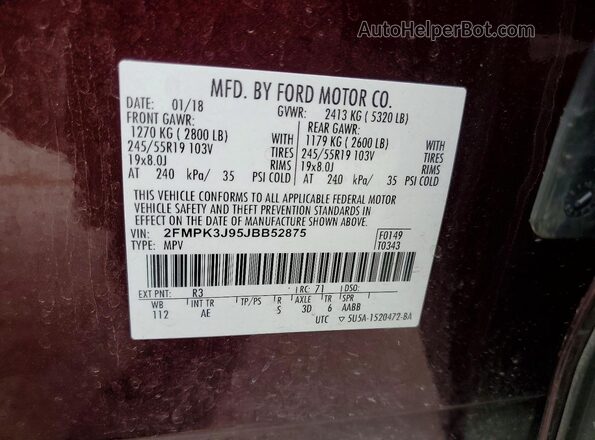 2FMPK3J95JBB52875 2018 FORD EDGE Бордовый Панорамный вид салона 360°