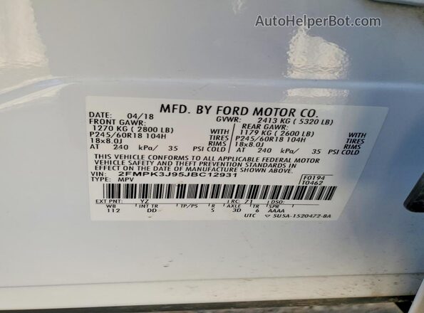 2FMPK3J95JBC12931 2018 FORD EDGE White Vista de la etiqueta del VIN