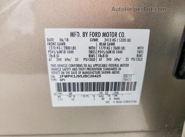 2FMPK3J95JBC26425 2018 FORD EDGE Gold Widok naklejki z numerem VIN