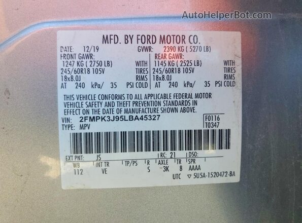 2FMPK3J95LBA45327 2020 FORD EDGE Silver Панорамний вид салону 360°