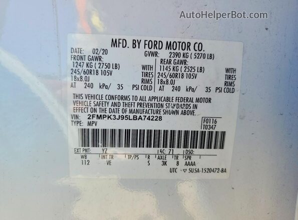 2FMPK3J95LBA74228 2020 FORD EDGE Белый Вид наклейки с VIN-кодом