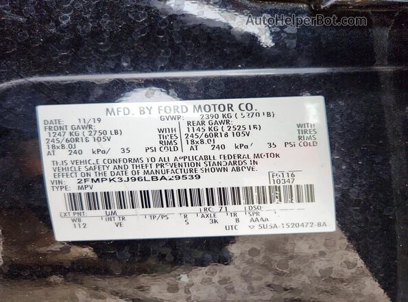 2FMPK3J96LBA29539 2020 FORD EDGE Black Widok naklejki z numerem VIN