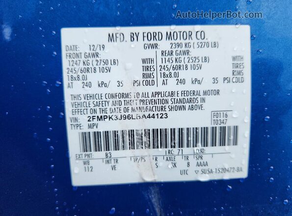 2FMPK3J96LBA44123 2020 FORD EDGE Синий Вид подкапотного пространства