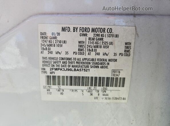 2FMPK3J96LBA57521 2020 FORD EDGE Белый Панорамный вид салона 360°