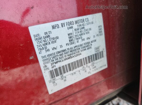 2FMPK3J96MBA32054 2021 FORD EDGE Red Vista de la etiqueta del VIN