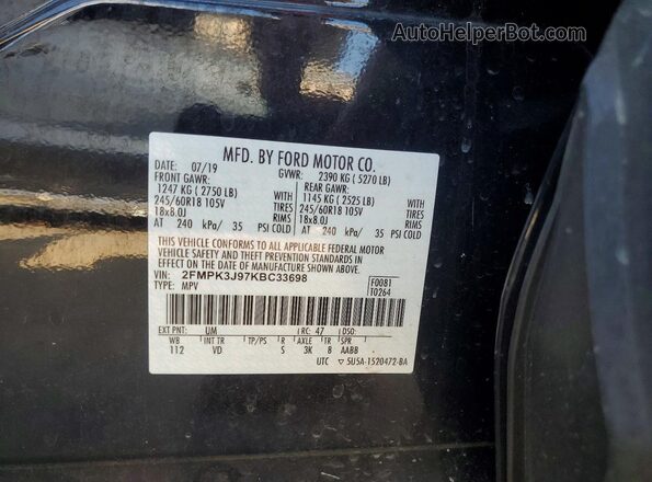 2FMPK3J97KBC33698 2019 FORD EDGE Black Widok naklejki z numerem VIN