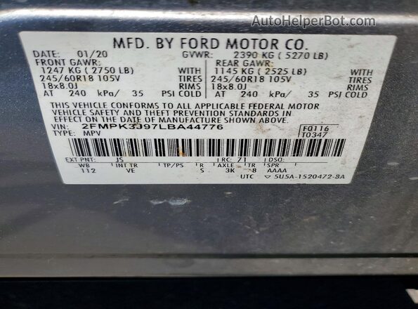 2FMPK3J97LBA44776 2020 FORD EDGE Silver Widok naklejki z numerem VIN