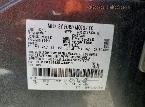 2FMPK3J98JBC44918 2018 FORD EDGE Gray Widok naklejki z numerem VIN