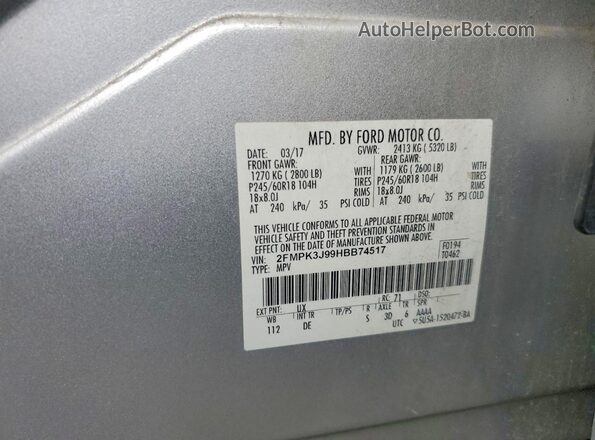 2FMPK3J99HBB74517 2017 FORD EDGE Silver Widok naklejki z numerem VIN