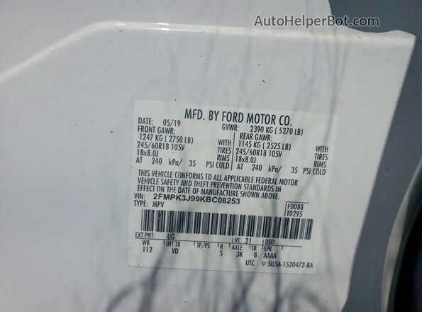 2FMPK3J99KBC08253 2019 FORD EDGE Белый Вид наклейки с VIN-кодом
