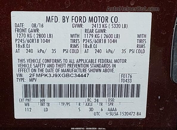 2FMPK3J9XGBC34447 2016 FORD EDGE Красный Вид подкапотного пространства