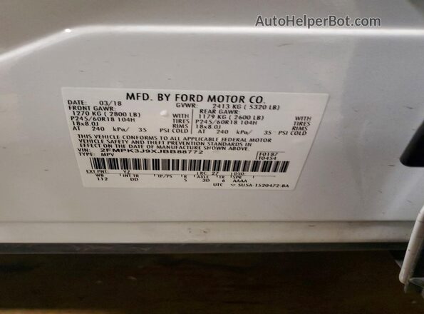 2FMPK3J9XJBB88772 2018 FORD EDGE Белый Панорамный вид салона 360°