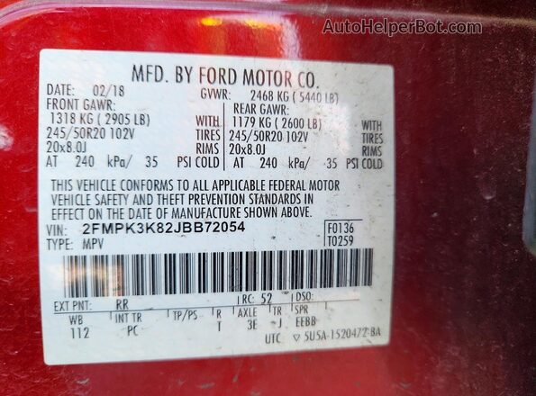 2FMPK3K82JBB72054 2018 FORD EDGE Красный Вид наклейки с VIN-кодом
