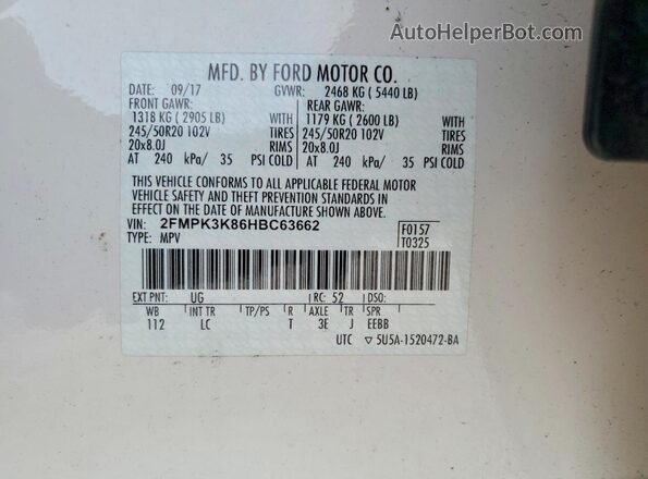 2FMPK3K86HBC63662 2017 FORD EDGE Белый Вид наклейки с VIN-кодом