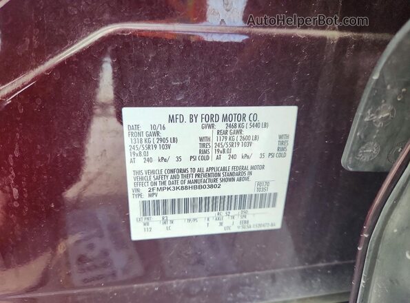 2FMPK3K88HBB03802 2017 FORD EDGE Burgundy Widok wnętrza 360 stopni