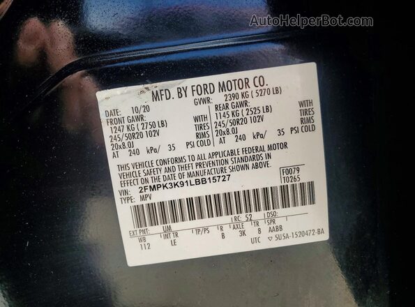 2FMPK3K91LBB15727 2020 FORD EDGE Black Vista de la etiqueta del VIN