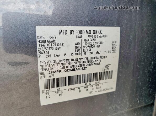 2FMPK3K92MBA09322 2021 FORD EDGE Белый Вид наклейки с VIN-кодом