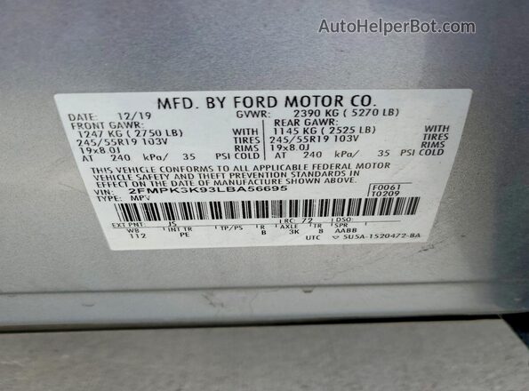 2FMPK3K93LBA56695 2020 FORD EDGE Gray VIN sticker view