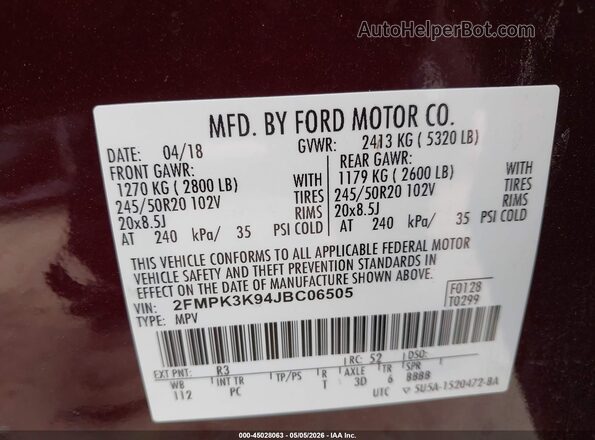 2FMPK3K94JBC06505 2018 FORD EDGE Maroon Շարժիչի բաժամունքի տեսք