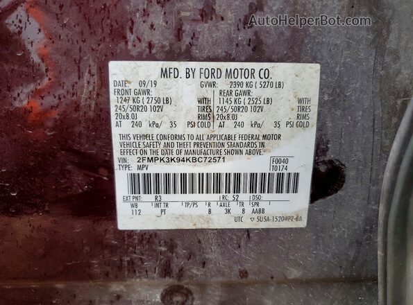 2FMPK3K94KBC72571 2019 FORD EDGE Бордовый Вид подкапотного пространства