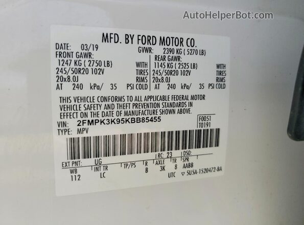2FMPK3K95KBB85455 2019 FORD EDGE Белый Вид наклейки с VIN-кодом