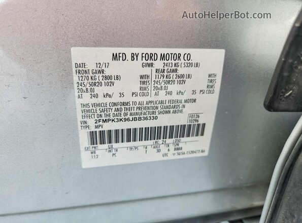 2FMPK3K96JBB36330 2018 FORD EDGE Серебряный Вид наклейки с VIN-кодом