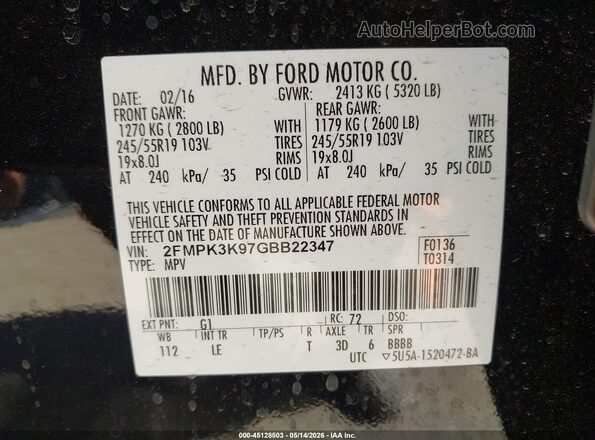2FMPK3K97GBB22347 2016 FORD EDGE Черный Вид подкапотного пространства