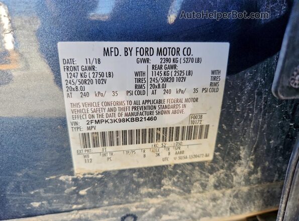 2FMPK3K98KBB21460 2019 FORD EDGE Blue Widok naklejki z numerem VIN