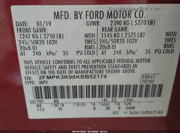 2FMPK3K98KBB52174 2019 FORD EDGE Burgundy ძრავის განყოფილების ხედი