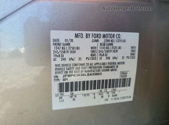 2FMPK3K98LBA55803 2020 FORD EDGE Золотой Вид наклейки с VIN-кодом